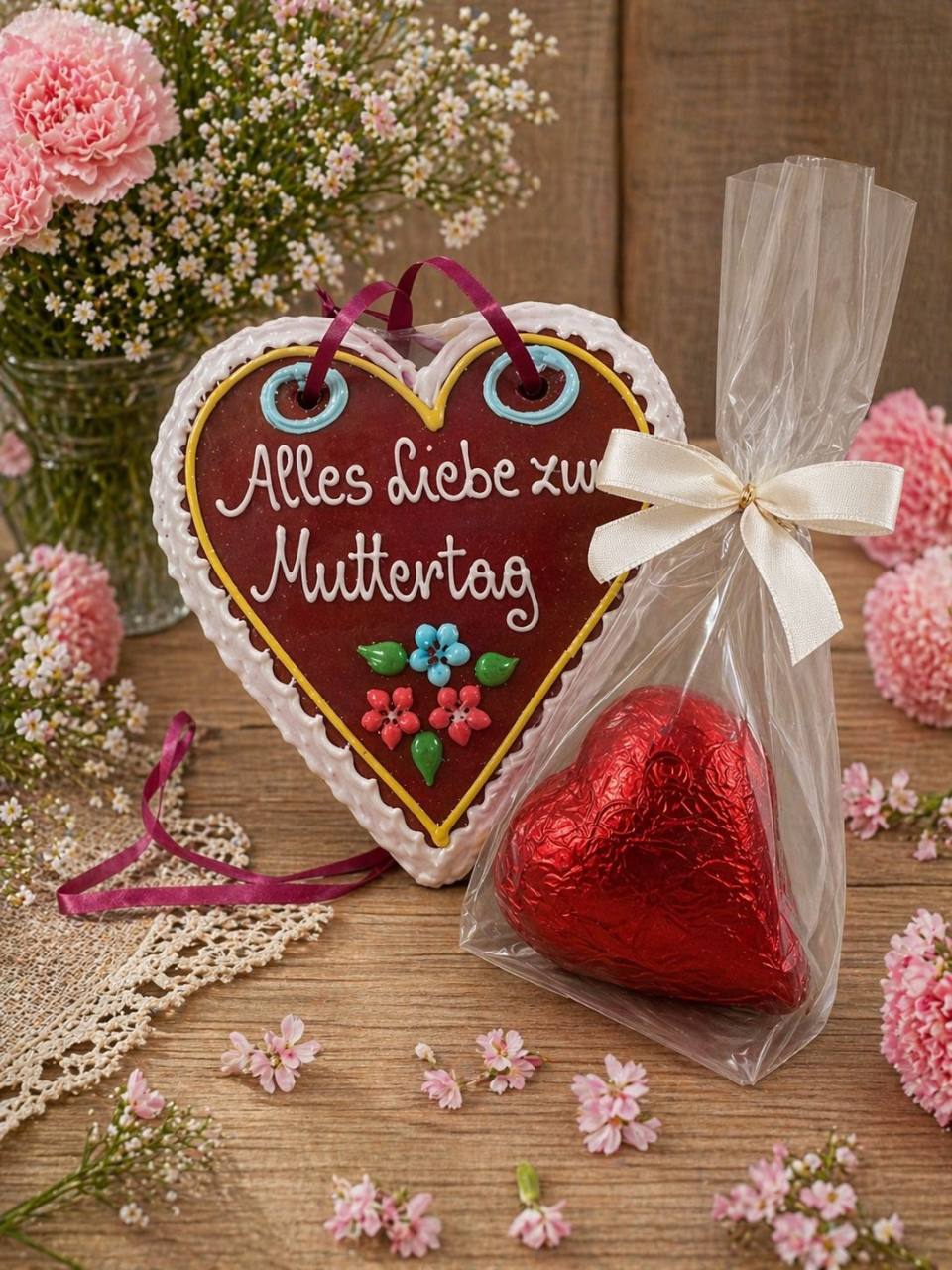 Lebkuchenherz Alles Liebe zum Muttertag mit Blumen und verpacktem Schokoladenherz