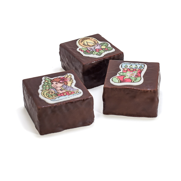 Lebkuchenwürferl in Schokolade mit Zuckerwerbung