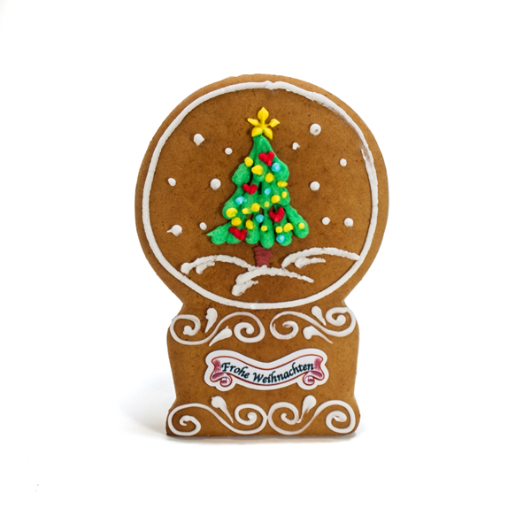 verzierter Zuckerguss Lebkuchen Schneekugel mit Zuckerlogo